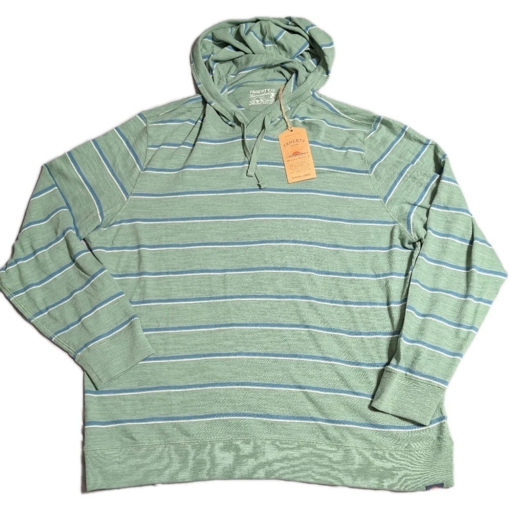 Faherty Hoodie Mens XXL Green Striped Organic Cotton Sunwashed Slub Pullover NWT